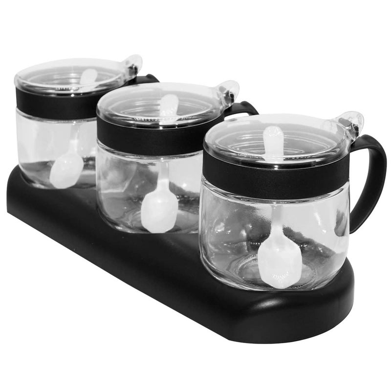 NAN Wind Glass Condiment Spice Jars,12oz/350 ml Condiment Jar Spice Container with Lids and Spoons and Tray,Clear Glass Condiment Canisters,3Pack Seasoning Box Bowl Set for Sugar Pepper,for Kitchen,Counter - Image 1