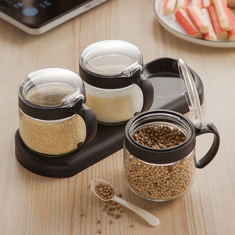 NAN Wind Glass Condiment Spice Jars,12oz/350 ml Condiment Jar Spice Container with Lids and Spoons and Tray,Clear Glass Condiment Canisters,3Pack Seasoning Box Bowl Set for Sugar Pepper,for Kitchen,Counter - Image 3