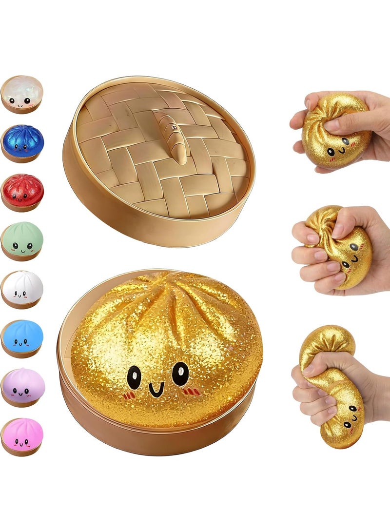 جيو Glitter Dumpling Squishy,Dumpling Squishies,Glitter Dumpling Mystery Box,الكرات الملونة للضغط الدبلنج فيدجيت,لعبة جمبو سكيشي مع مربع البخار,عجينة الضغط الناعمة (الذهب المتوهج) - Image 1