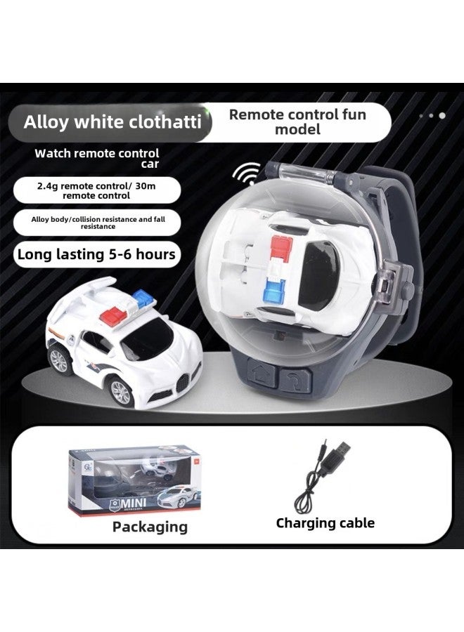 Mini Children's Watch Remote Control Police Car 2.4G Alloy Remote Control Small Car Children's Toy Remote Control Vehicle-Color:Alloy White Police Car (charging Version) - Image 1