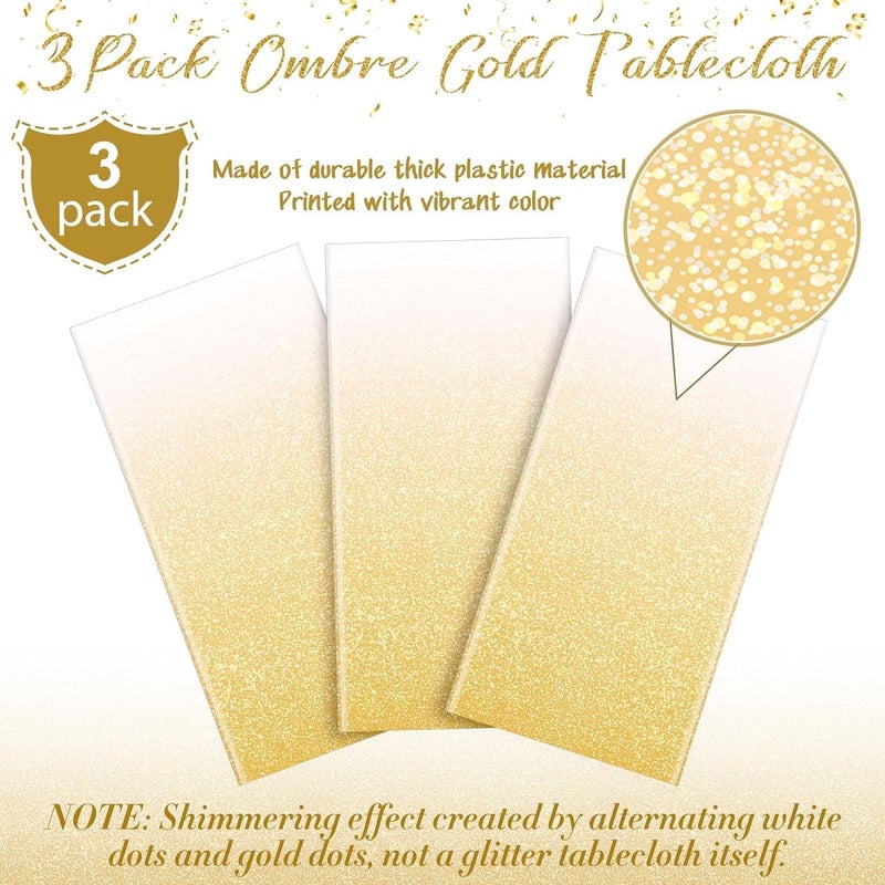 LAROKO Disposable Tablecloth for Parties, Ombre Gold Plastic Gradient Tablecloths for Rectangle Tables, Light Gold Sprinkle Table Cover for Wedding Birthday Party 54 x 108Inch 3 Pcs - Image 3