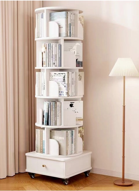 Moveable Multi Layers 360 Degrees Rotatable Corner Bookshelves Floor Standing Bookcase Storage Rack Multifunction Display Shelves with Storage Drawer for Living Room Bedroom Office 46x46x173 cm
