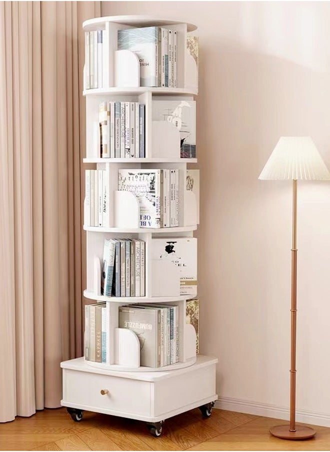 Moveable Multi Layers 360 Degrees Rotatable Corner Bookshelves Floor Standing Bookcase Storage Rack Multifunction Display Shelves with Storage Drawer for Living Room Bedroom Office 46x46x173 cm