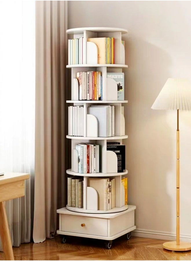 Moveable Multi Layers 360 Degrees Rotatable Corner Bookshelves Floor Standing Bookcase Storage Rack Multifunction Display Shelves with Storage Drawer for Living Room Bedroom Office 46x46x173 cm