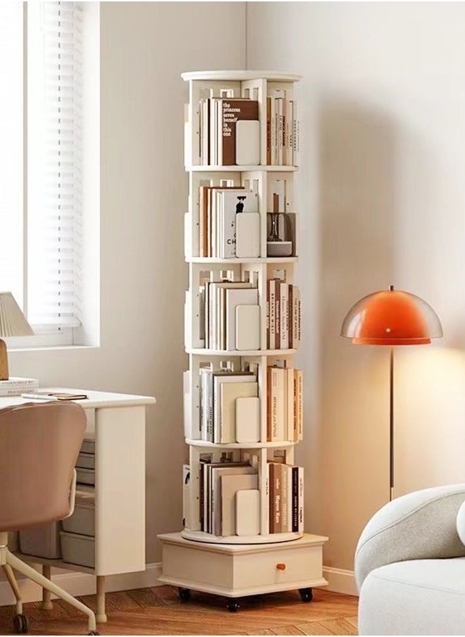 Moveable Multi Layers 360 Degrees Rotatable Corner Bookshelves Floor Standing Bookcase Storage Rack Multifunction Display Shelves with Storage Drawer for Living Room Bedroom Office 46x46x173 cm