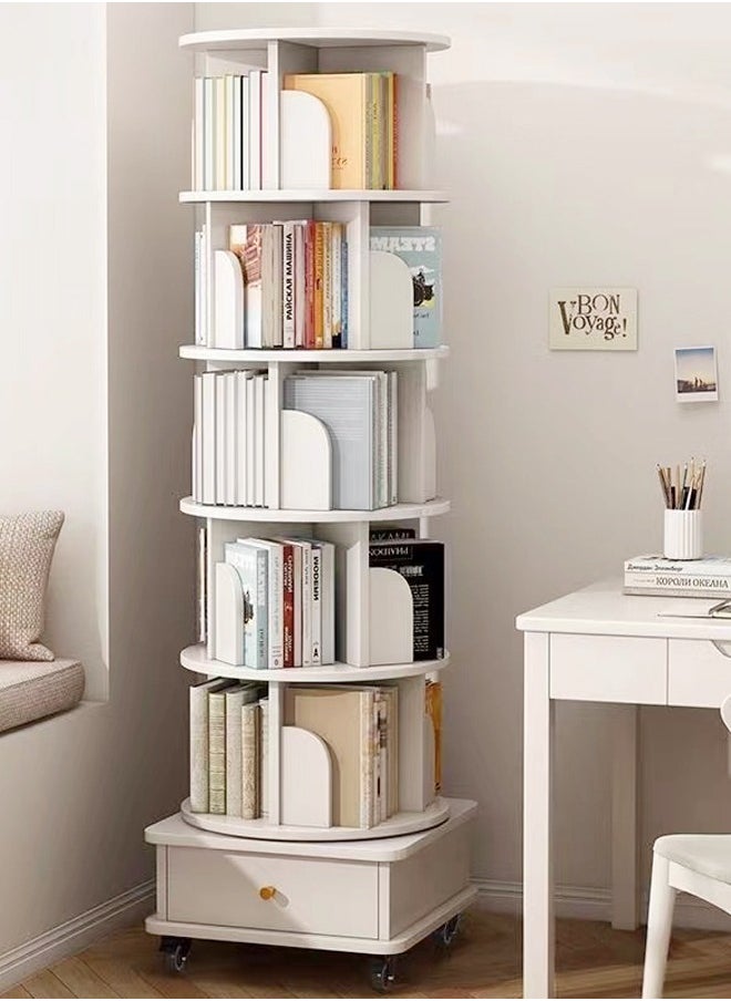 Moveable Multi Layers 360 Degrees Rotatable Corner Bookshelves Floor Standing Bookcase Storage Rack Multifunction Display Shelves with Storage Drawer for Living Room Bedroom Office 46x46x173 cm