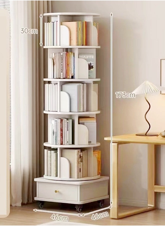 Moveable Multi Layers 360 Degrees Rotatable Corner Bookshelves Floor Standing Bookcase Storage Rack Multifunction Display Shelves with Storage Drawer for Living Room Bedroom Office 46x46x173 cm