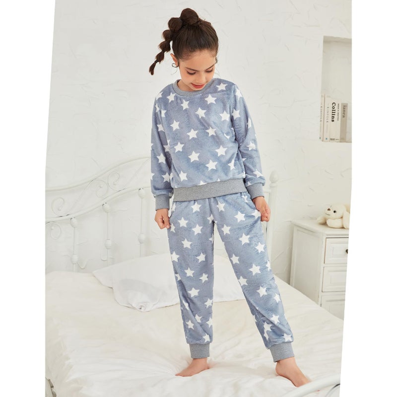 QPANCY Little Girls Fleece Pajamas, Soft Cozy Star Pullover Sweatshirt Pants Set for Kids Size 6 7 - Image 4
