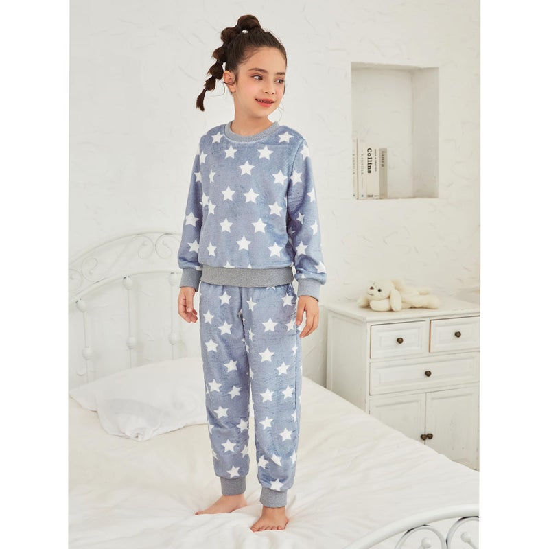 QPANCY Little Girls Fleece Pajamas, Soft Cozy Star Pullover Sweatshirt Pants Set for Kids Size 6 7 - Image 3