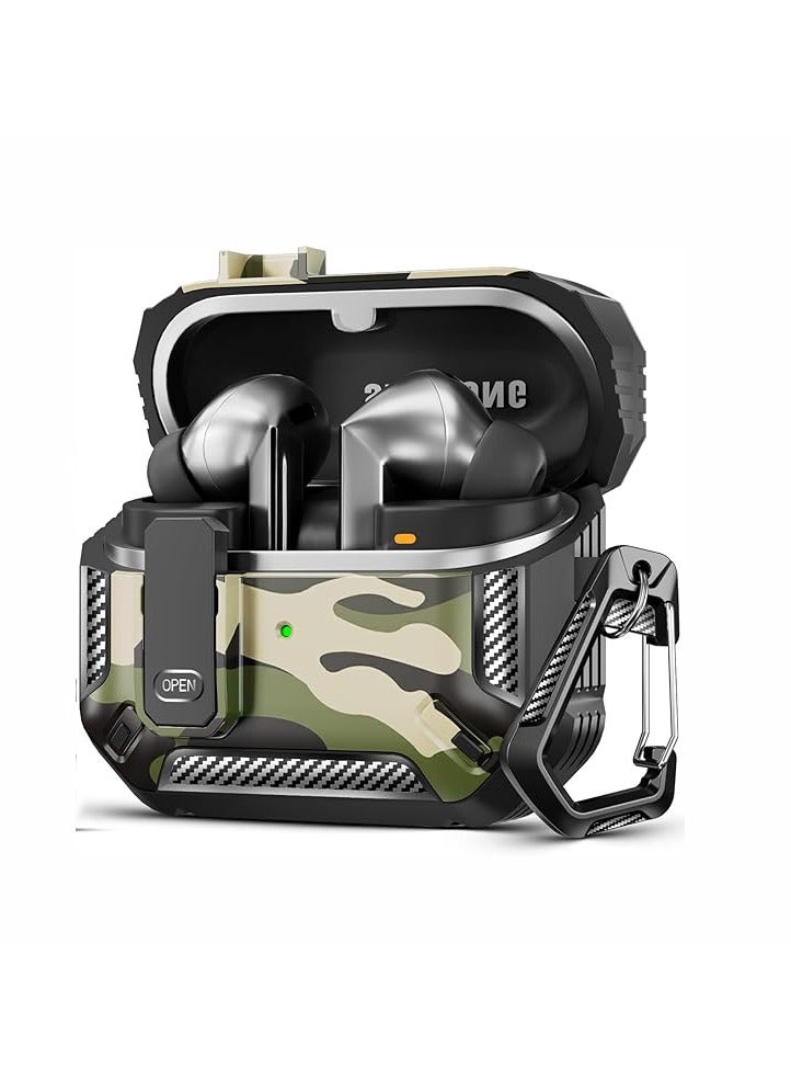 Carbon grain surface Cover Case Compatible With Samsung Galaxy Buds 3 Pro /Bud3 Lock Clip,Protective anti-fall Skin--Camo green  - Image 1