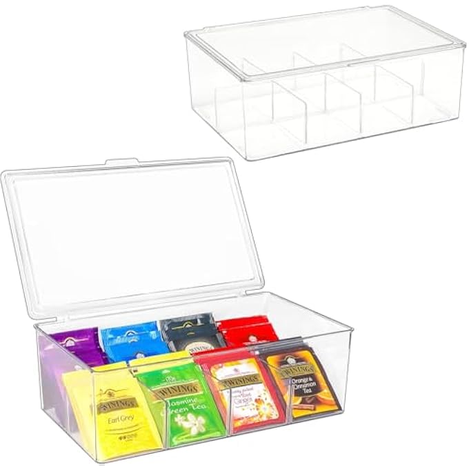 Khazna Clear Acrylic Tea Bag Organizer Stackable Tea Storage Box With Lid Plastic Tea Bag Holder Dispenser For Cabinet Pantry Counter Countertop - Image 1