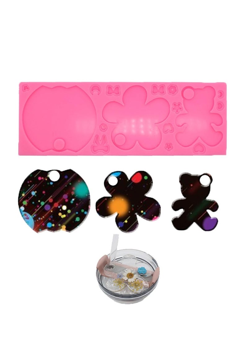 KASTWAVE Silicone Resin Molds, Used for Create Art, Epoxy Resin Molds for Cute Flower Bear Round Name Plate Lid Toppers for Pink Purple Tumbler Water Bottle Quencher Flask, DIY Art Craft Cup Mats - Image 1