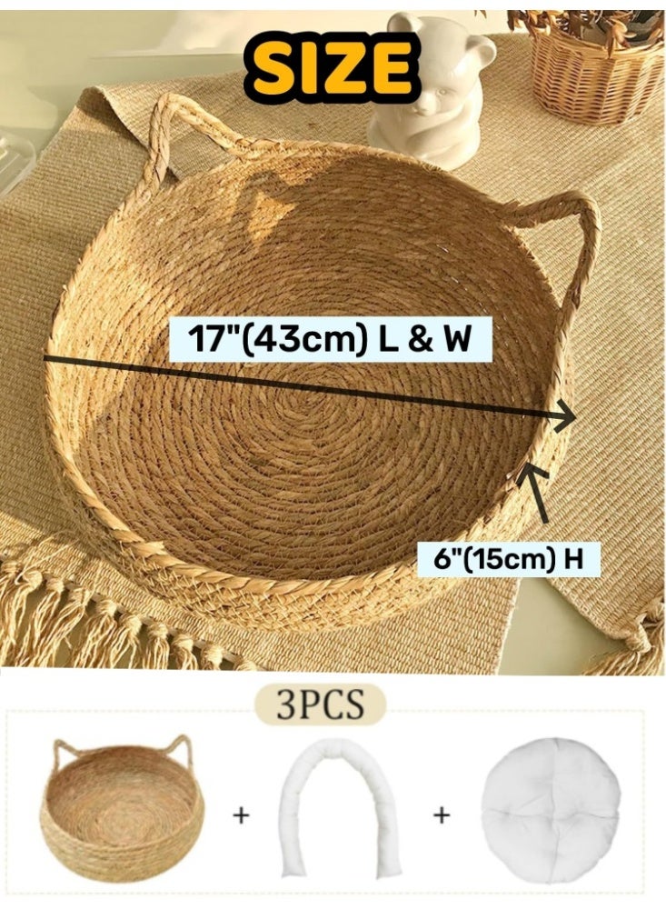 Zisheng Cat Bed Cat House – Rattan & Cotton Pet Bed for Indoor Cats Cat Accessories for Small Dogs 43x43x14 cm - Image 2