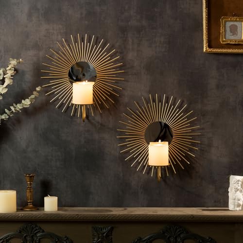 AIM & GGKK AIM GGKK Wall Candle Sconce HolderSet of 2 Mirror Wall Mounted Metal Candle Holder for HomeLiving Room Dining RoomRustic Farmhouse Boho Decorations - Image 1