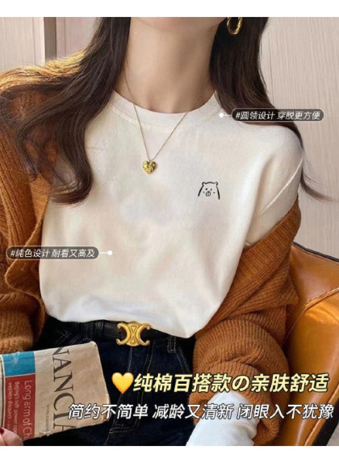 LANG SHA Women'S Long Sleeve Round Neck T-Shirt, Versatile Solid Color Printed Base Layer Top, Women'S T-Shirt - Image 1