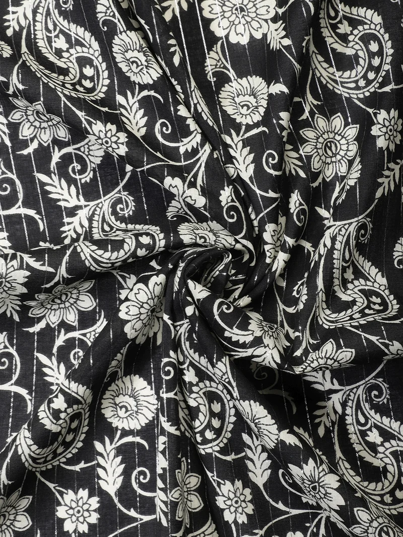 أيه كيه إس Black Floral Paisley Lurex Striped Fabric