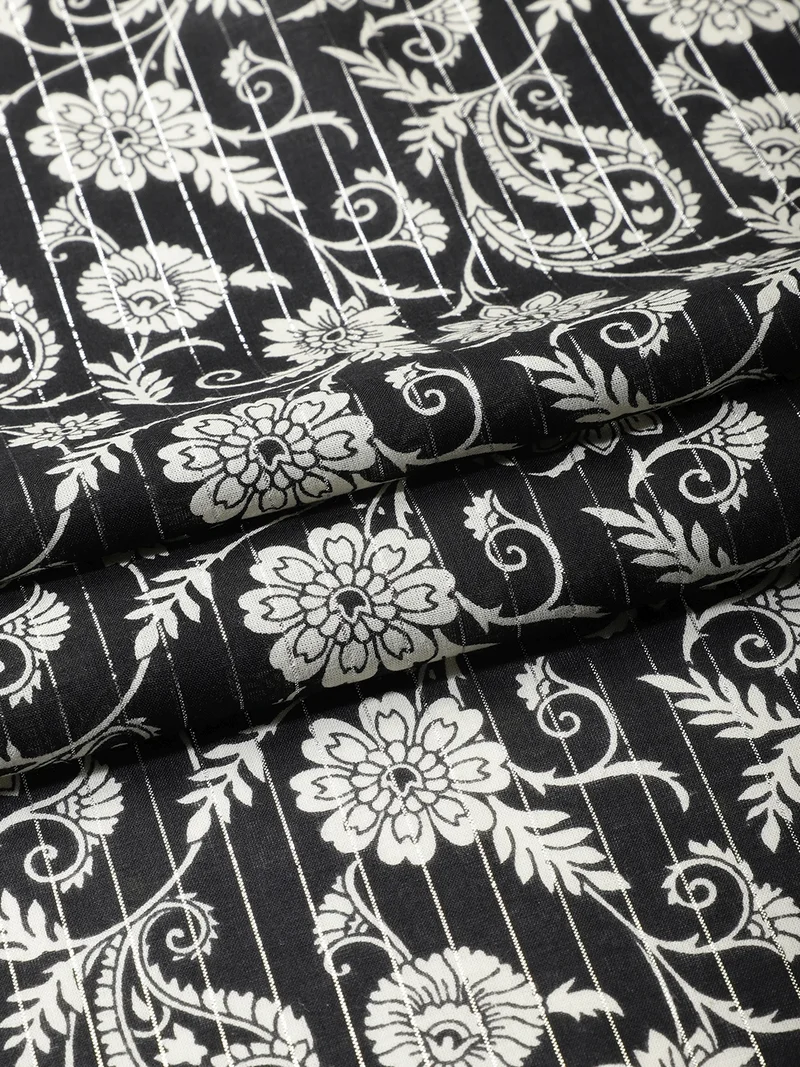 أيه كيه إس Black Floral Paisley Lurex Striped Fabric