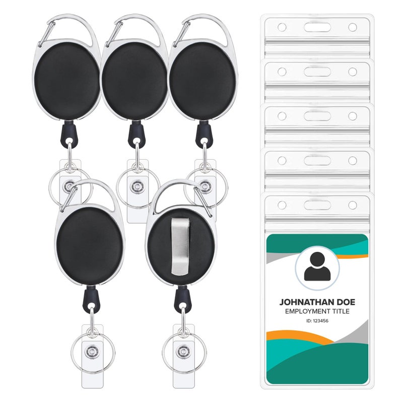 Will Well ID Badge Holders with Clip and Keyring - Vertical Clear Plastic 3.58" x 2.52" Sleeves Fit Up to 3 Cards - Retractable 24" UHMWPE Fiber Pull Cords for Easy Access - 5-Pack, Black Reels - Image 1
