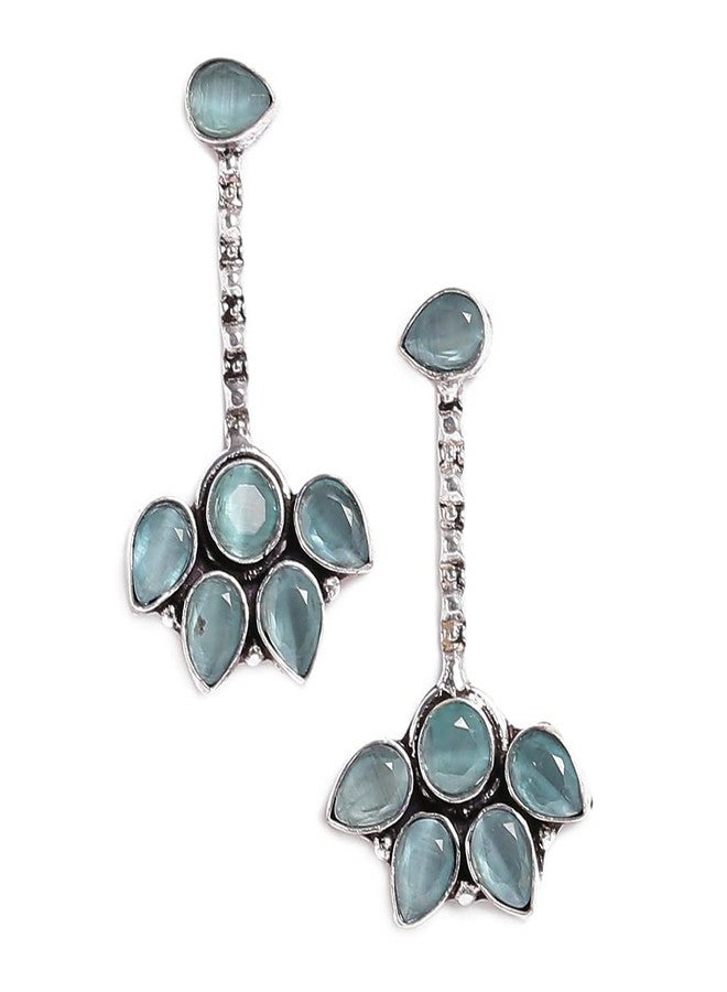 El Regalo 925 Silver Plated Fashion Statement Stones Sea Green Earrings for Woman & Girls/Earrings in Oxidized Silver Finish - Image 1