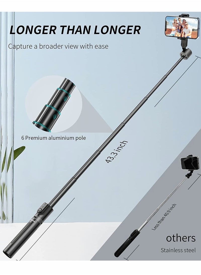Bluetooth Selfie Stick Tripod Portable 43 Inch Aluminum Alloy Selfie Stick with Detachable Remote for iPhone Samsung Android Smartphone Rotating Fill Light Tripod Live Broadcast Support (Black) - Image 3