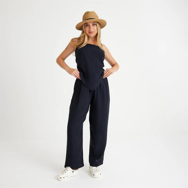 ميسبيغا 100% Cotton Woven Strap Tie Back Blouse-Pants 2-Piece Set