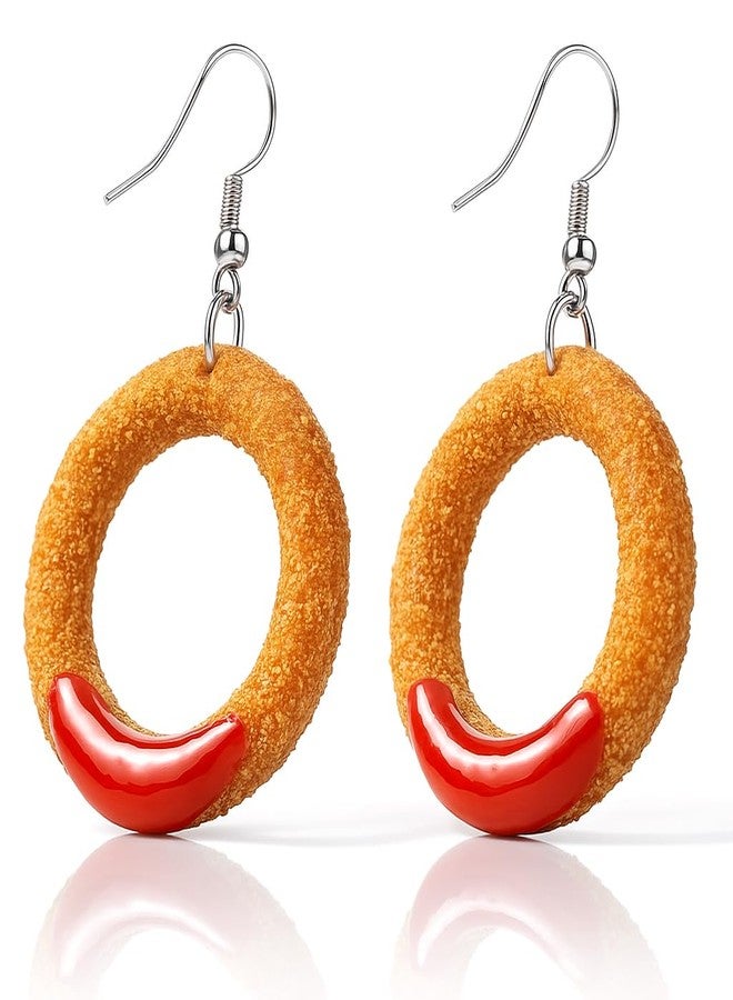 Gears Out Fried Onion Ring Earrings - Cute Food Jewelry Dangle Earrings for Teens - Funky Womens Novelty Accessories Gag Gifts Women - Dangling Earrings - Weird Stuff - Image 1