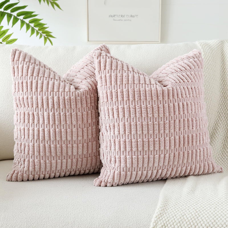 JOTOM Pack of 2 Corduroy Soft Striped Cushion Covers 40x40 cm 16x16 Inch Boho Decorative Throw Pillow Covers Square Cushion Case Home Decor Pillow Cases for Couch Sofa Living Room Bed Pink