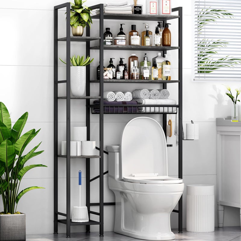 Kalrin 8-Tier Over The Toilet Storage with Side Rack, Over Toilet Storage Rack with Adjustable Shelf & Drain Basket, Freestanding Bathroom Organizer for Balcony, Laundry (Modern Grey) - Image 1