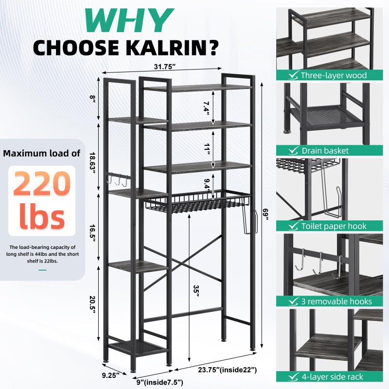 Kalrin 8-Tier Over The Toilet Storage with Side Rack, Over Toilet Storage Rack with Adjustable Shelf & Drain Basket, Freestanding Bathroom Organizer for Balcony, Laundry (Modern Grey) - Image 3