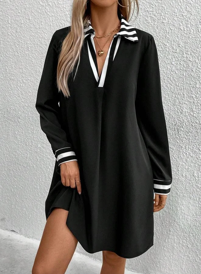 تايك تو فستان قصير مخطط متباين بفتحة رقبة