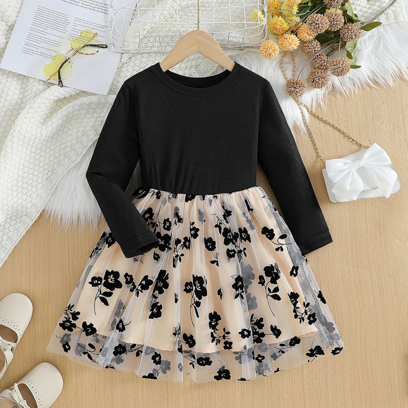 2024 Spring and Autumn Foreign Trade Explosions Girls Solid Color Pit Strip Long Sleeve Crewneck Black Rose Mesh Princess dress Black 