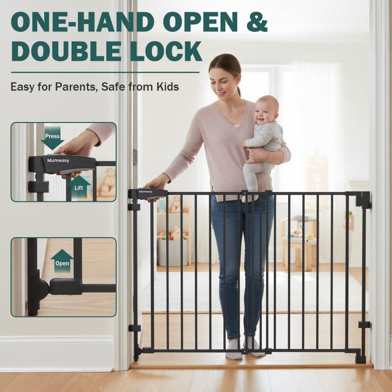 Mumeasy 29.5-43.3" Baby Gate for Stairs, No Bottom Bar Dog Gate with Removable Door & Slide-Adjust Drill Mount, Extra Wide Stairway & Hallway Walk Thru Pet Safety Gate for Doorways, Kitchen (Black) - Image 4