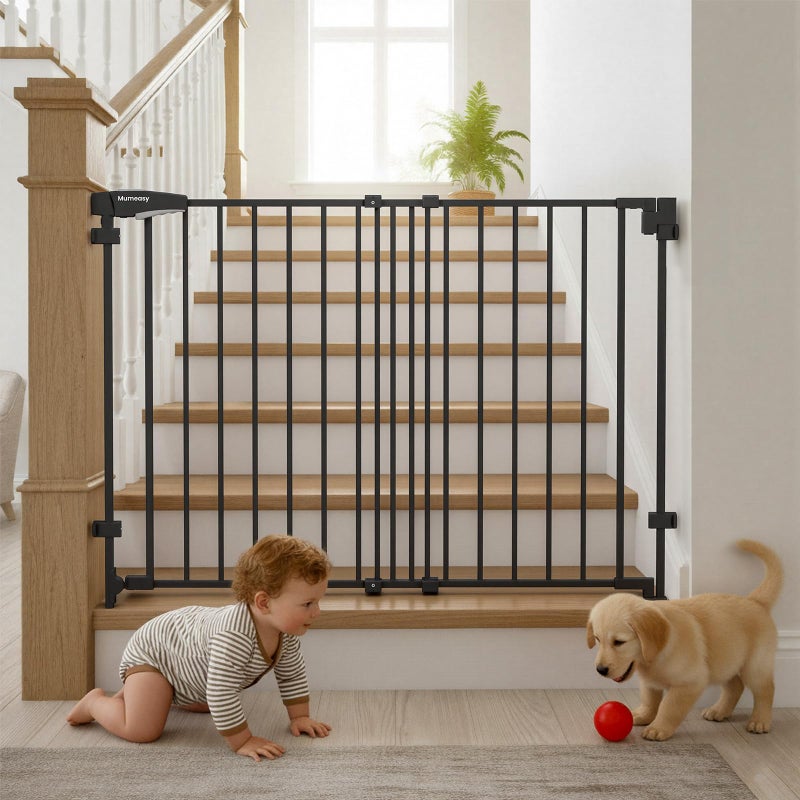 Mumeasy 29.5-43.3" Baby Gate for Stairs, No Bottom Bar Dog Gate with Removable Door & Slide-Adjust Drill Mount, Extra Wide Stairway & Hallway Walk Thru Pet Safety Gate for Doorways, Kitchen (Black) - Image 1