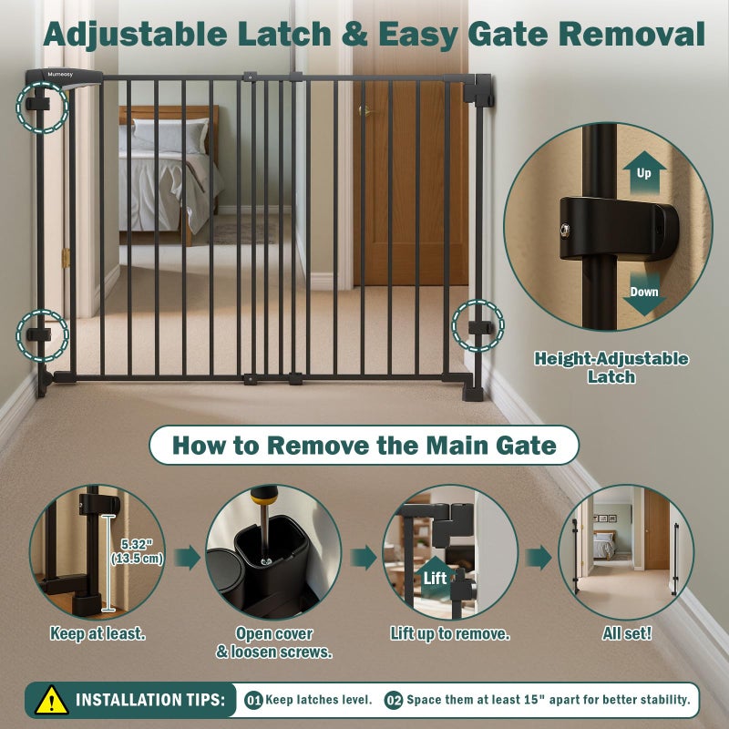 Mumeasy 29.5-43.3" Baby Gate for Stairs, No Bottom Bar Dog Gate with Removable Door & Slide-Adjust Drill Mount, Extra Wide Stairway & Hallway Walk Thru Pet Safety Gate for Doorways, Kitchen (Black) - Image 5