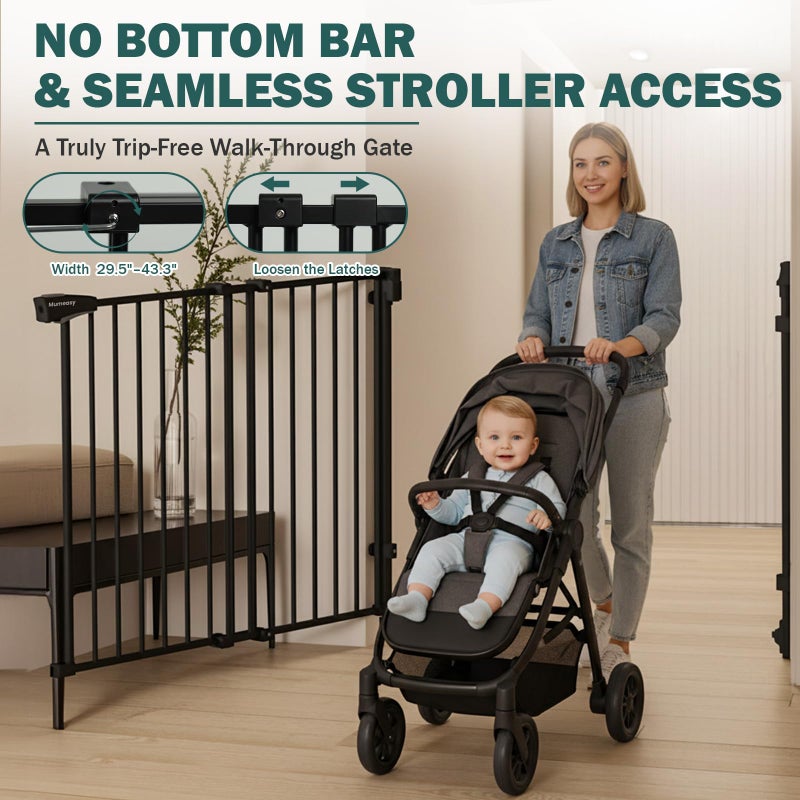 Mumeasy 29.5-43.3" Baby Gate for Stairs, No Bottom Bar Dog Gate with Removable Door & Slide-Adjust Drill Mount, Extra Wide Stairway & Hallway Walk Thru Pet Safety Gate for Doorways, Kitchen (Black) - Image 3