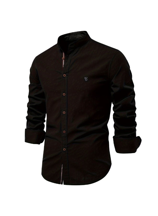 Men's  Long Sleeve Shirt, Casual Button Down Stand Collar Dress Shirts  Lightweight Cotton Shirts - Image 1