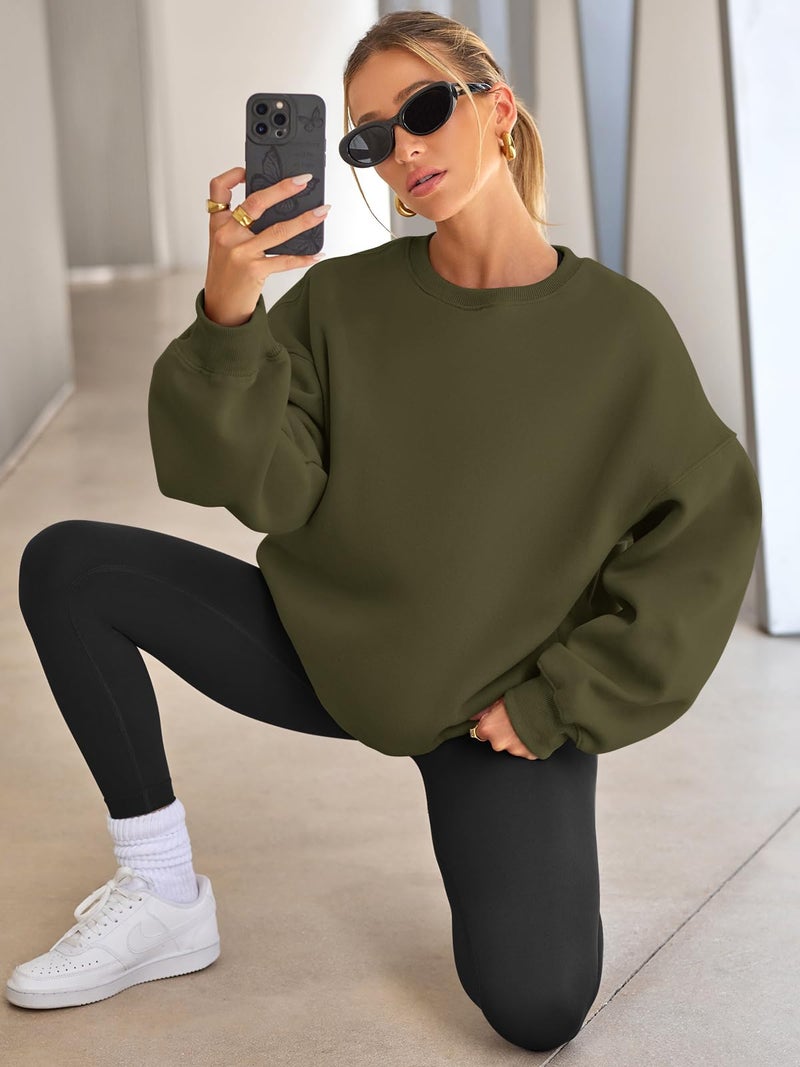 EFAN Womens Sweatshirts Hoodies Oversized Sweaters Crewneck Fleece Casual Tops Basic Comfy Fall Fashion Clothes 2025 Plus Size Maternity Workout Lounge Wear Winter Outfits ArmyGreen L - Image 3