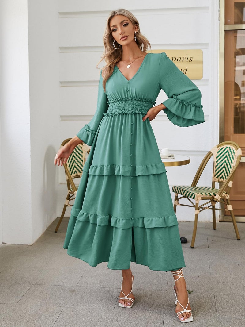 Amegoya Women's V Neck Long Sleeve Boho Maxi Dress Fall Wedding Guest Flowy Ruffle Tiered Engagement Dresses (XL Teal) - Image 3