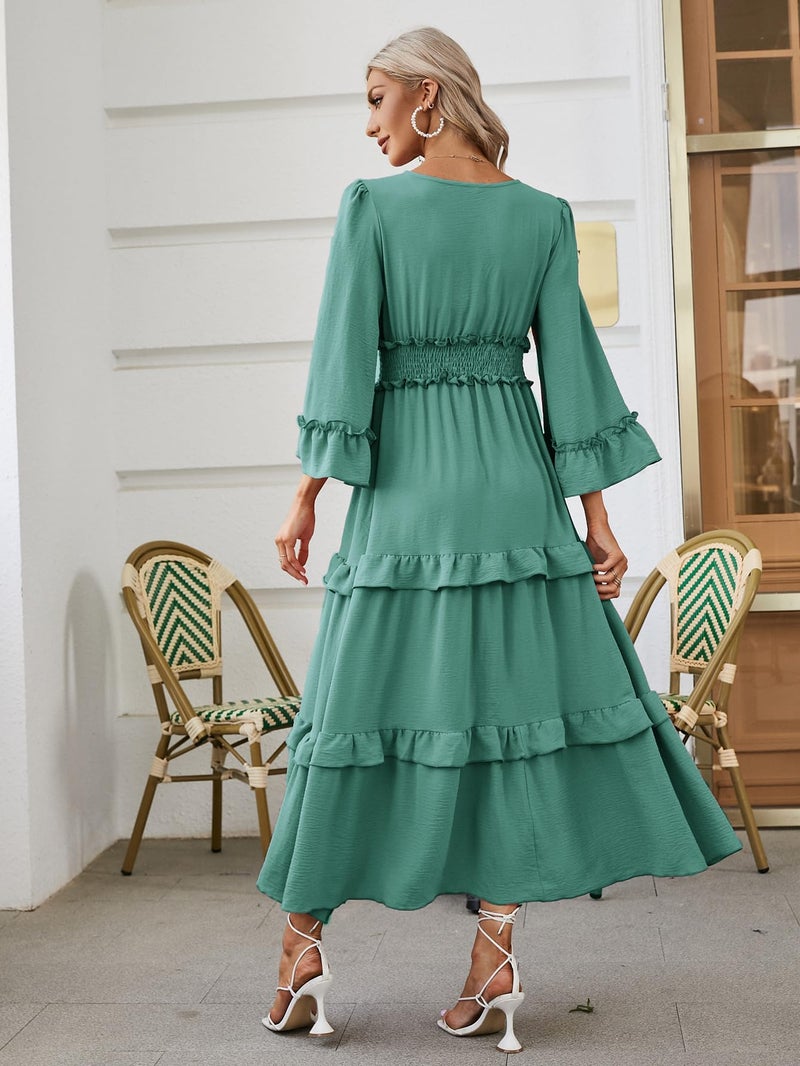 Amegoya Women's V Neck Long Sleeve Boho Maxi Dress Fall Wedding Guest Flowy Ruffle Tiered Engagement Dresses (XL Teal) - Image 4