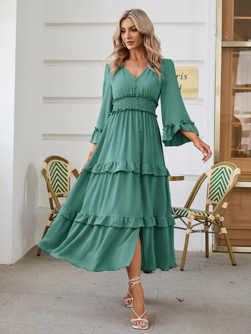 Amegoya Women's V Neck Long Sleeve Boho Maxi Dress Fall Wedding Guest Flowy Ruffle Tiered Engagement Dresses (XL Teal) - Image 2