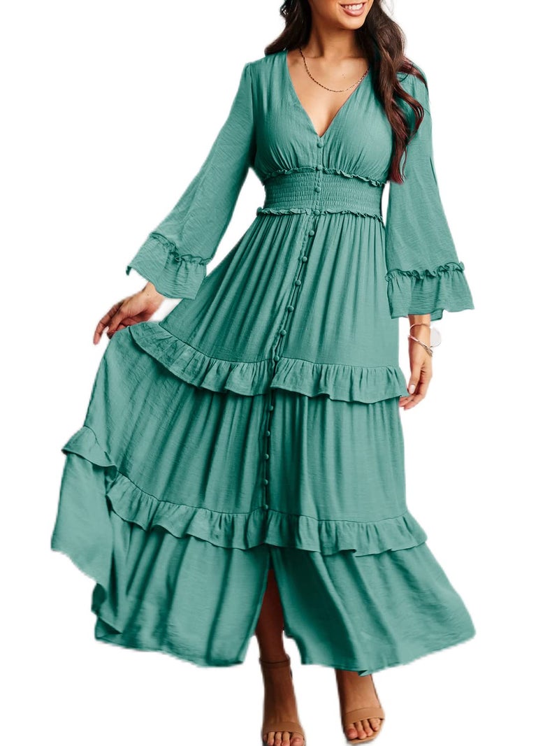 Amegoya Women's V Neck Long Sleeve Boho Maxi Dress Fall Wedding Guest Flowy Ruffle Tiered Engagement Dresses (XL Teal) - Image 1
