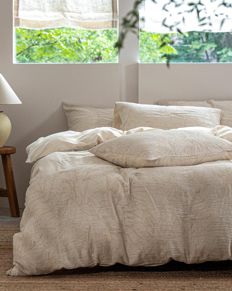 MILDLY Linen Cotton Duvet Cover - Jacquard Textured Tropical Comforter Cover Set 3pcs with Zipper Closure Breathable & Minimalist for All Season - Image 1