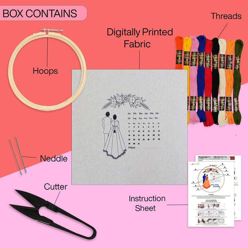 picknMAKE DIY Embroidery Kit for Beginner, Adults & Kids with Wedding Celebration Calender Design Printed Cloth/Fabric & Written Instructions All Material Included - Image 2