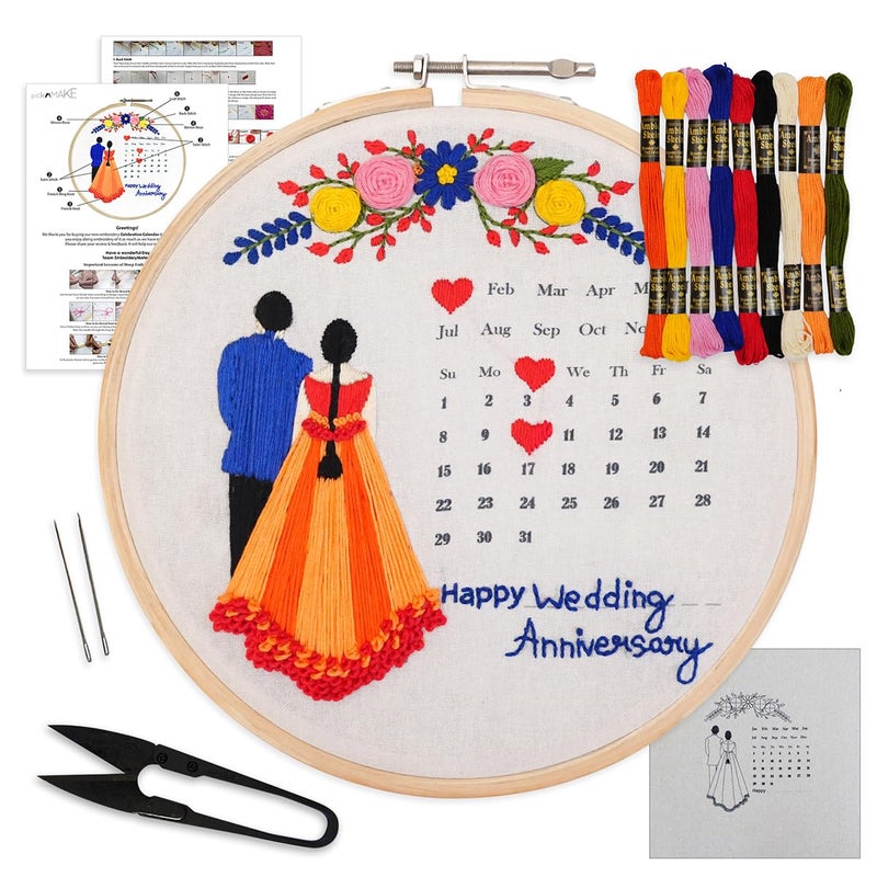 picknMAKE DIY Embroidery Kit for Beginner, Adults & Kids with Wedding Celebration Calender Design Printed Cloth/Fabric & Written Instructions All Material Included - Image 1