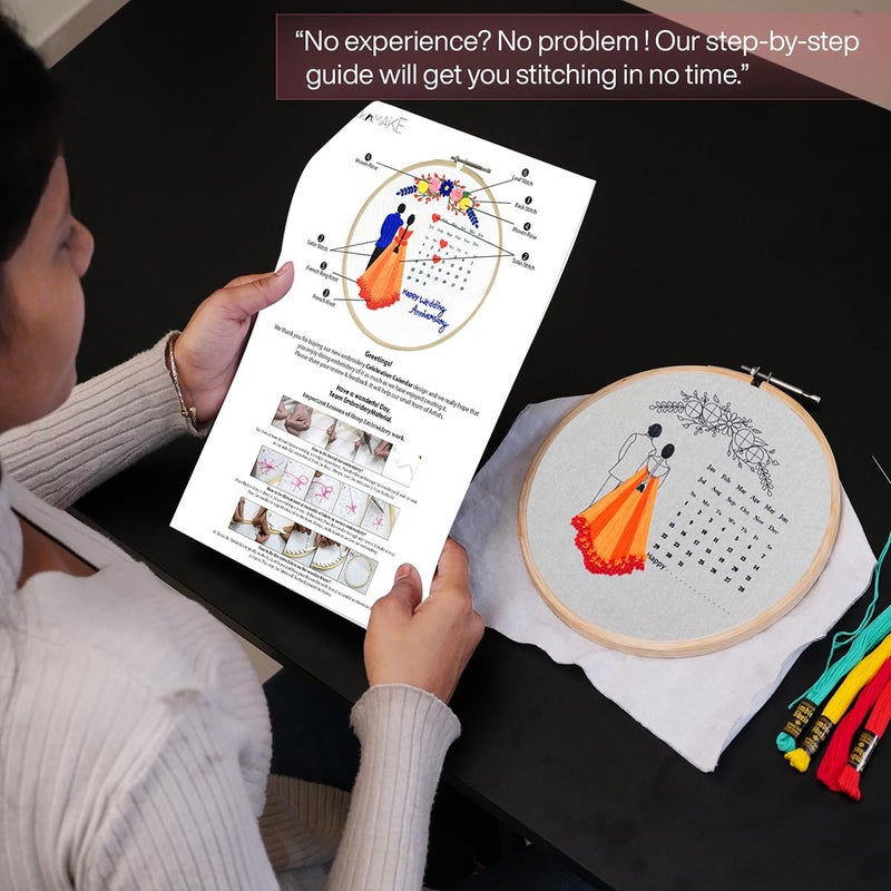 picknMAKE DIY Embroidery Kit for Beginner, Adults & Kids with Wedding Celebration Calender Design Printed Cloth/Fabric & Written Instructions All Material Included - Image 3