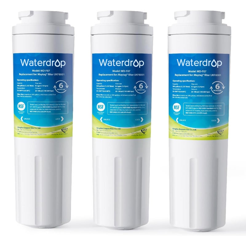 Waterdrop EDR4RXD1 Replacement for EveryDropÂ® Filter 4, WhirlpoolÂ® UKF8001, 4396395, MaytagÂ® UKF8001AXX-200, UKF8001AXX-750, WD-F07, Refrigerator Water Filter, 3 Filters (Package May Vary) - Image 1