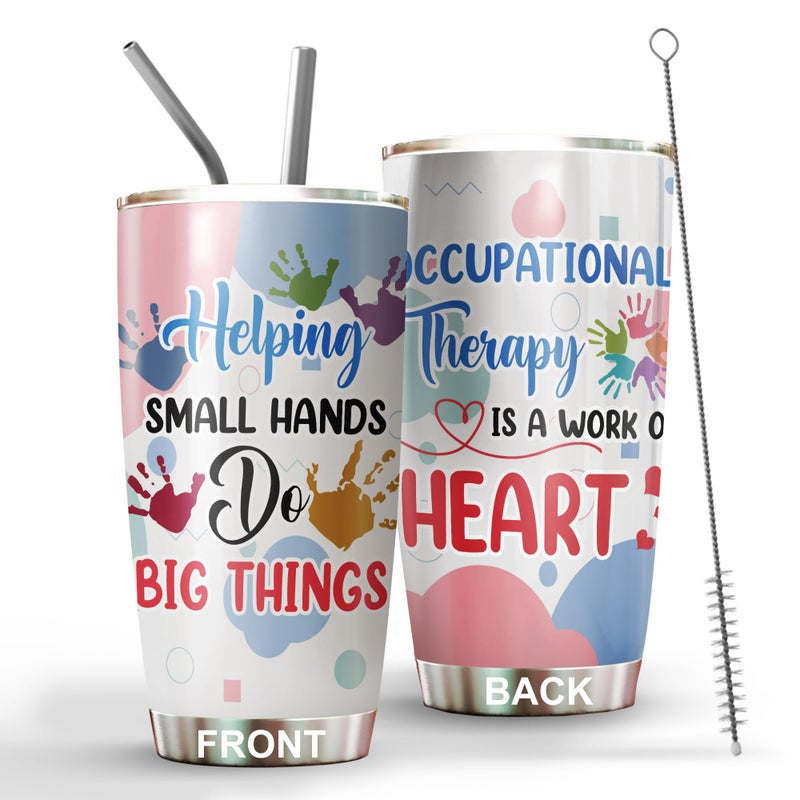 MEDROC Occupational Therapist Tumbler Stainless Steel 20oz Work Of Heart Help Small Hands OT Gift For Birthday Christmas OT Gift For Women Men Staff Boss World Occupational Therapy Day Tumbler Wrap