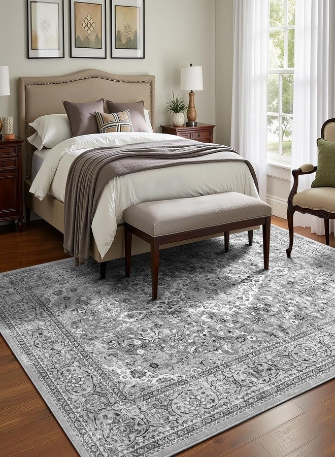 Flagover 5x7 Grey Washable Boho Area Rug for Bedroom, Vintage Floral Non Slip Living Room Rugs, Soft Low Pile Indoor Mat, Aesthetic Pattern Carpet for Kitchen and Dining Room - Image 2