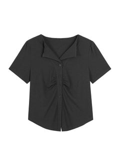 Bubble-sleeved Slim-fit Short-sleeved Knitted Shirt For Chubby Girls Large Size Women's Shoulder Pleated Waist 62886 Top