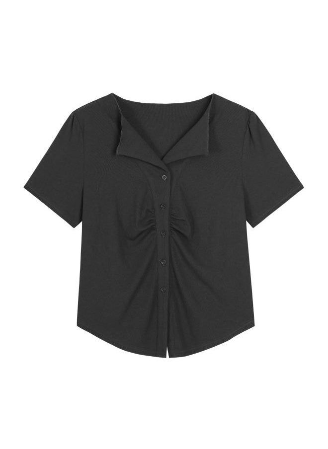 Generic - Bubble-sleeved Slim-fit Short-sleeved Knitted Shirt For Chubby Girls Large Size Women's Shoulder Pleated Waist 62886 Top - Image 1